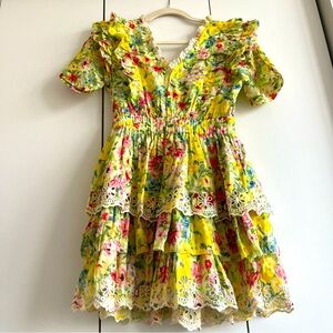 LoveShackFancy yellow multicolor floral embroidered mini dress